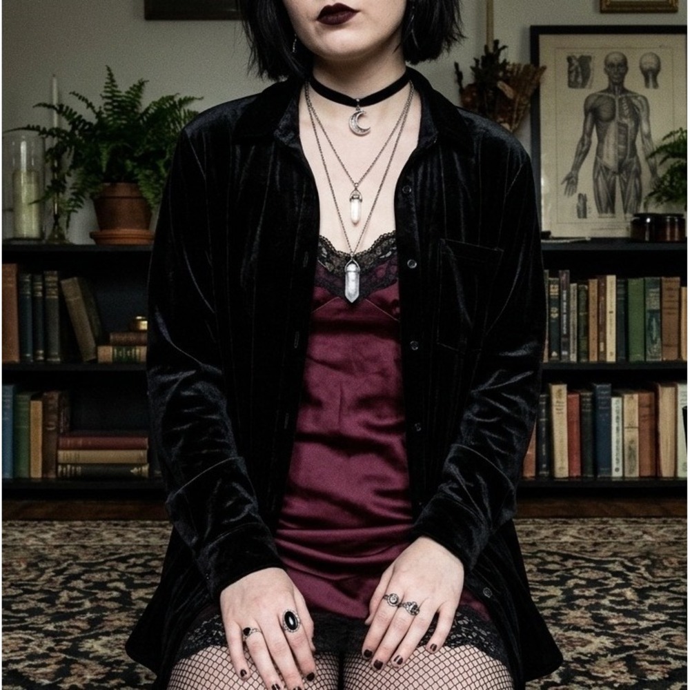 Croft & Barrow Black Velvet Button Down Shirt Large Dark Academia Whimsigoth